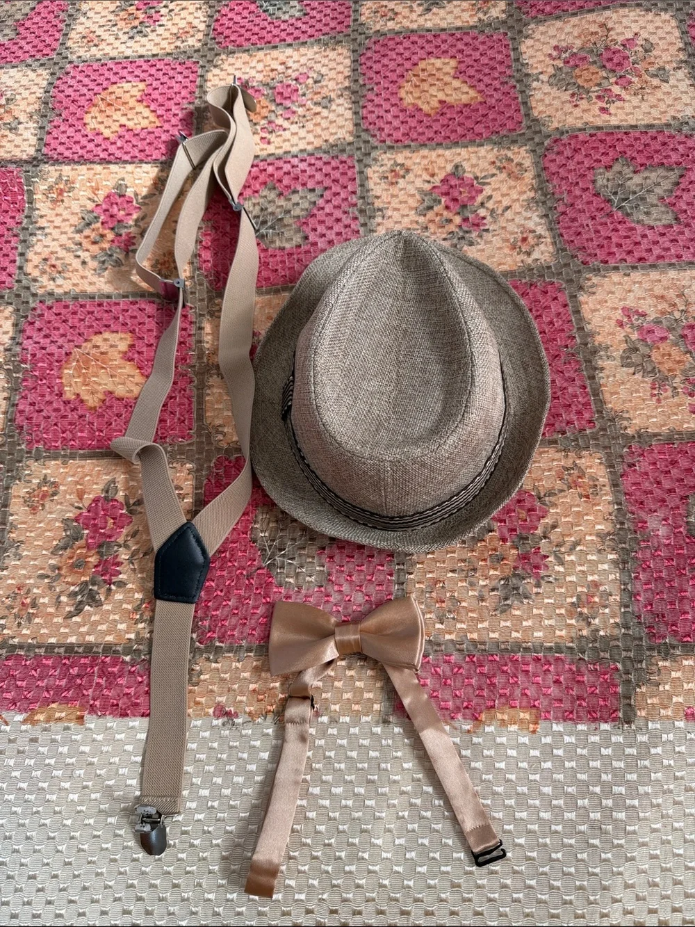 Beige Kids Fedora Hat with Matching Suspenders & Satin Bow Tie